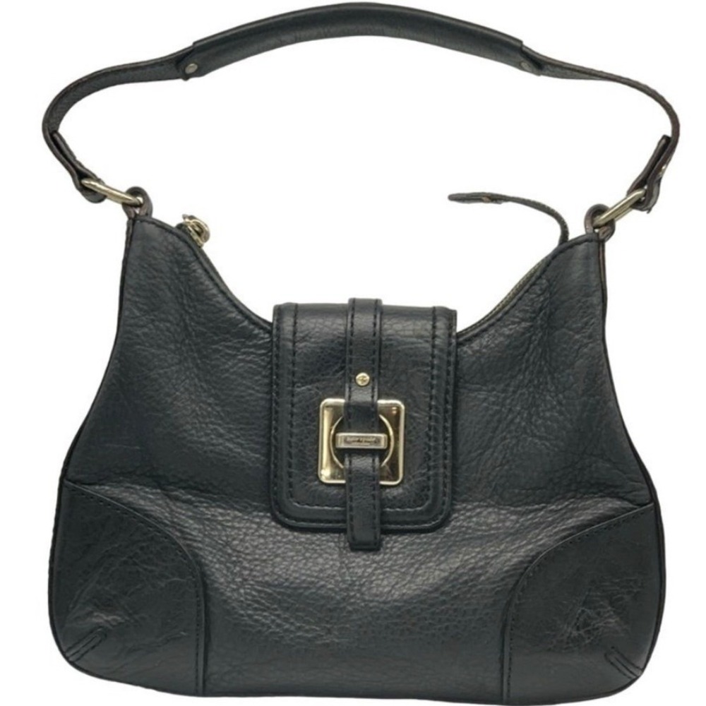 Kate Spade New York Black pebble Leather Hobo Shoulder Bag Gold Buckle Top Zip